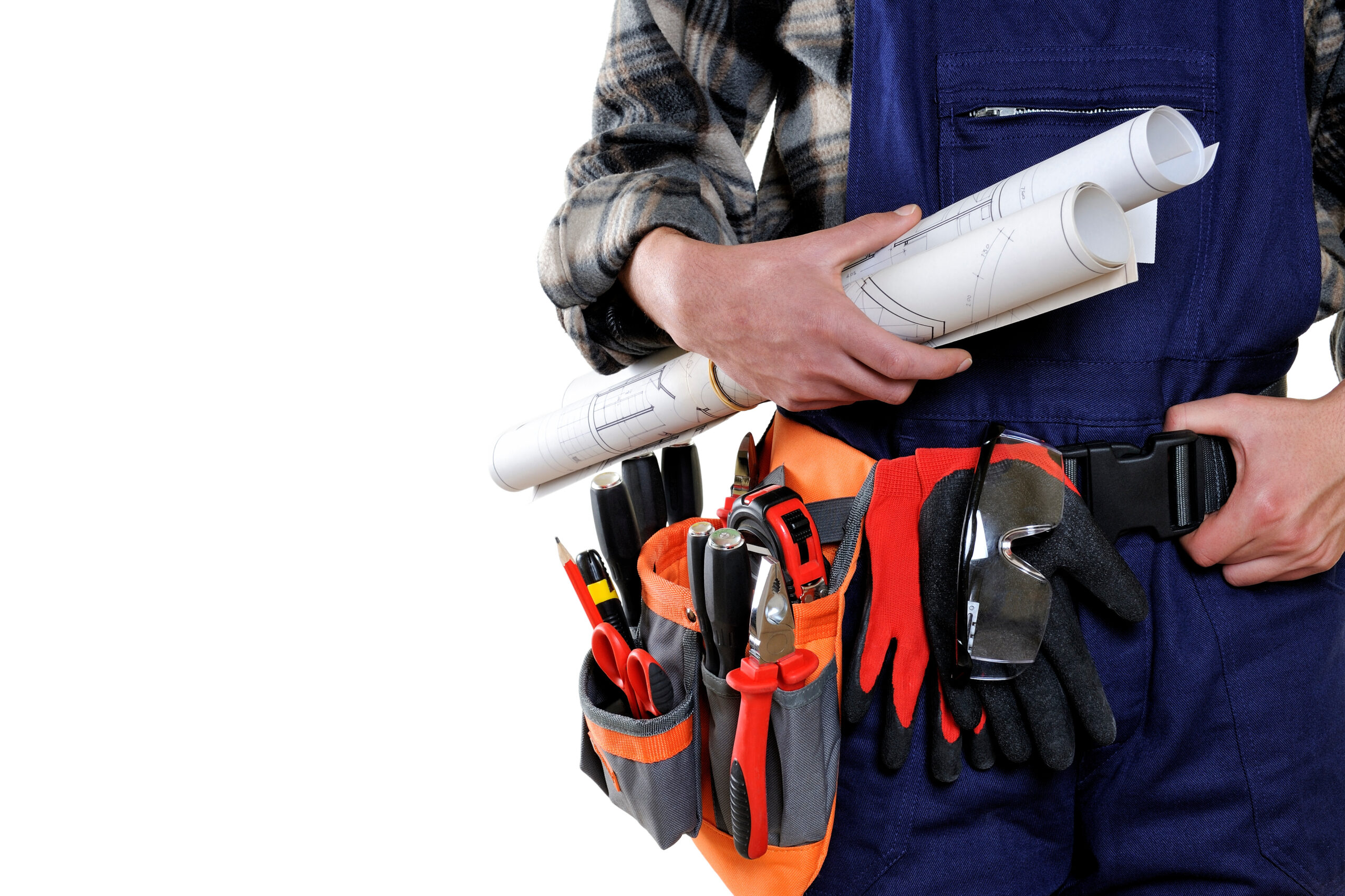 young electrician technician in workwear isolated on white background.